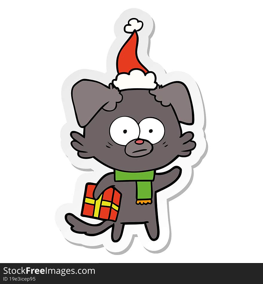 nervous dog sticker cartoon of a with gift wearing santa hat