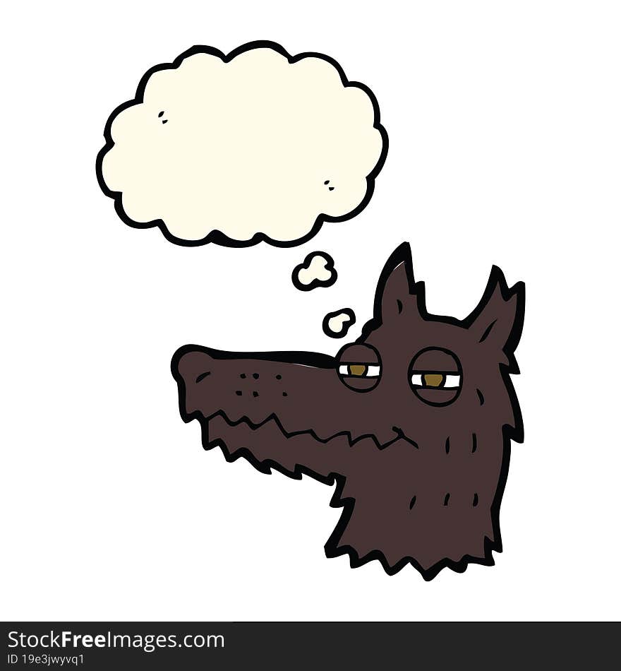 cartoon smug wolf face with thought bubble