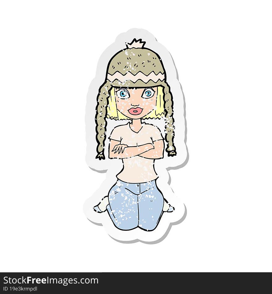 retro distressed sticker of a cartoon woman wearing hat