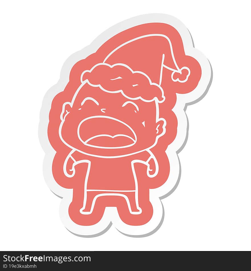 quirky cartoon  sticker of a shouting bald man wearing santa hat