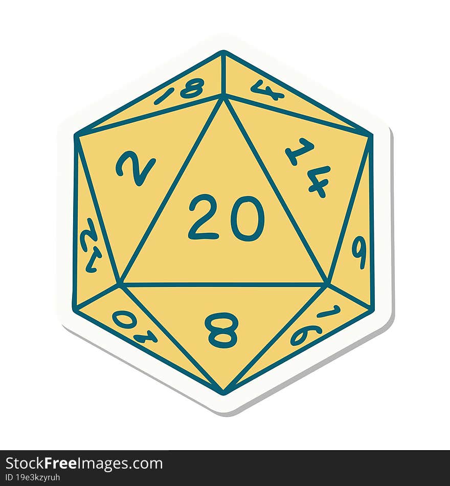 sticker of a natural 20 D20 dice roll. sticker of a natural 20 D20 dice roll