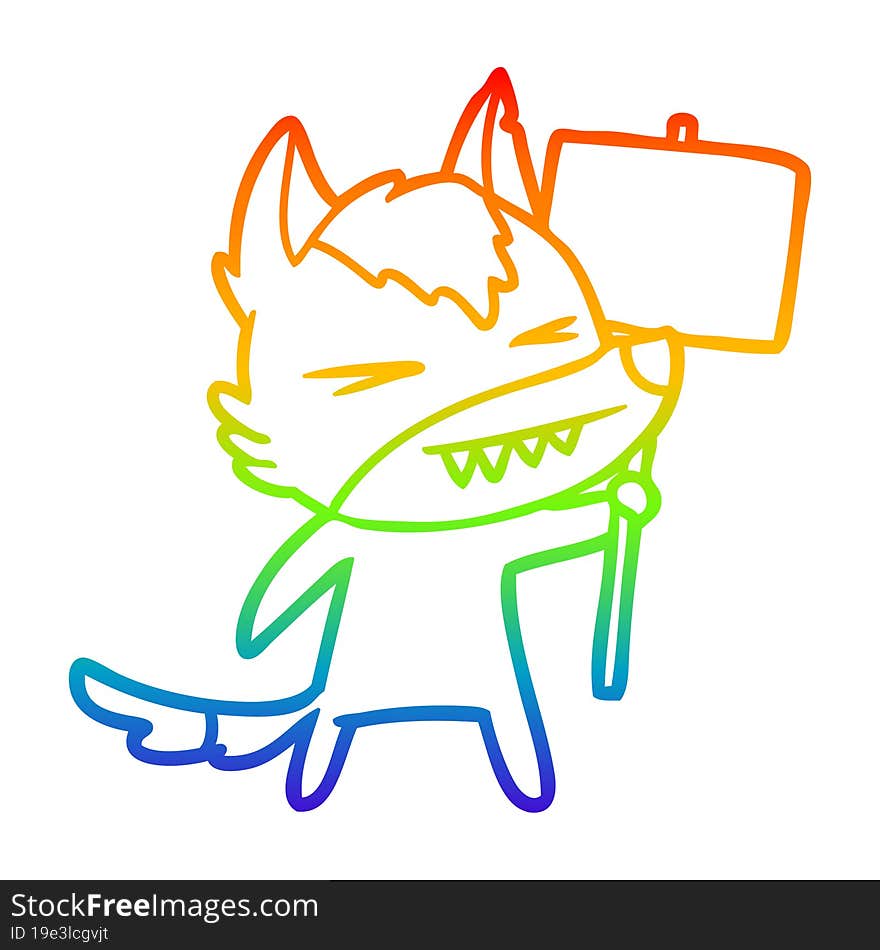 rainbow gradient line drawing of a angry wolf cartoon with placard