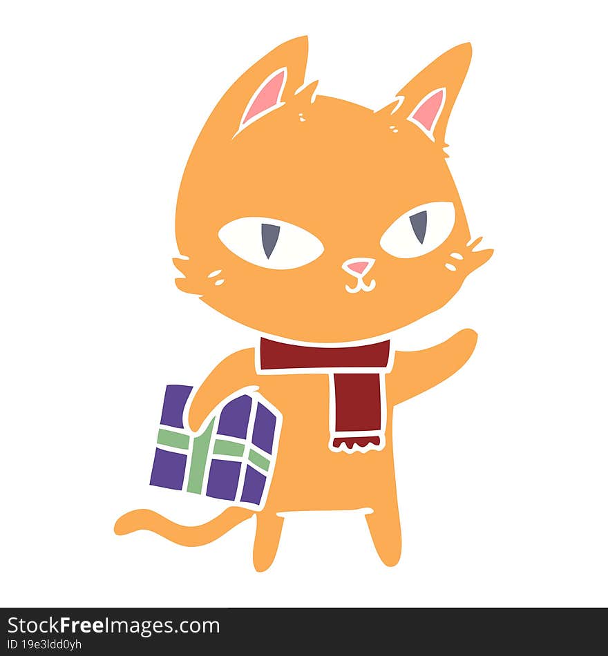 flat color style cartoon cat with gift