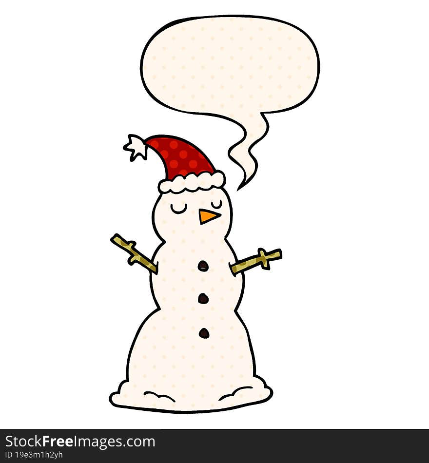 cartoon snowman and speech bubble in comic book style