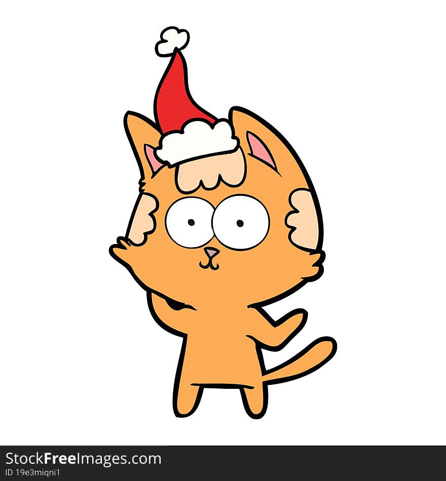 happy line drawing of a cat wearing santa hat