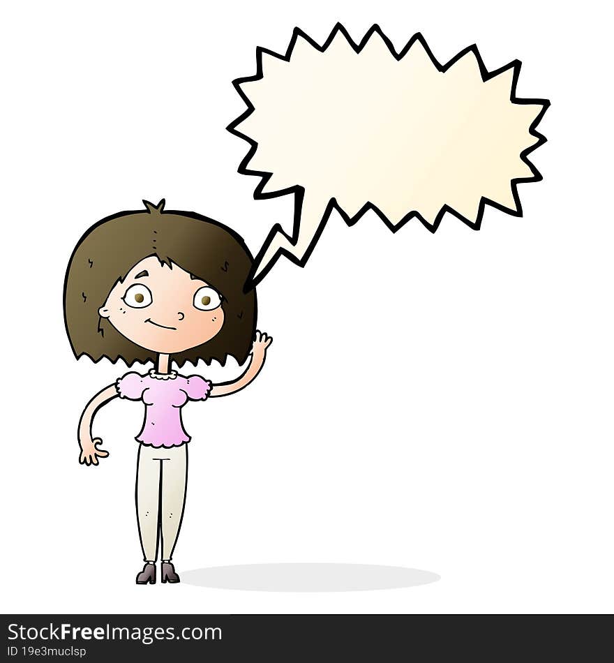 Cartoon Woman Waving With Speech Bubble