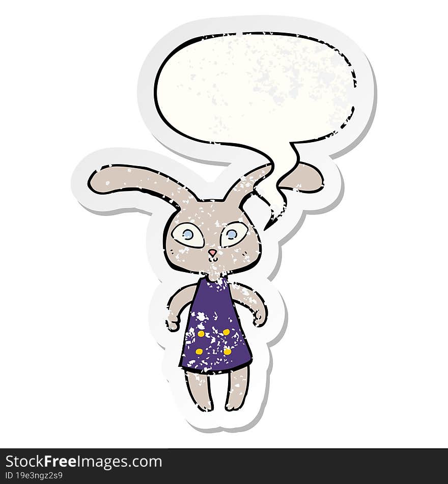 cute cartoon rabbit with speech bubble distressed distressed old sticker. cute cartoon rabbit with speech bubble distressed distressed old sticker