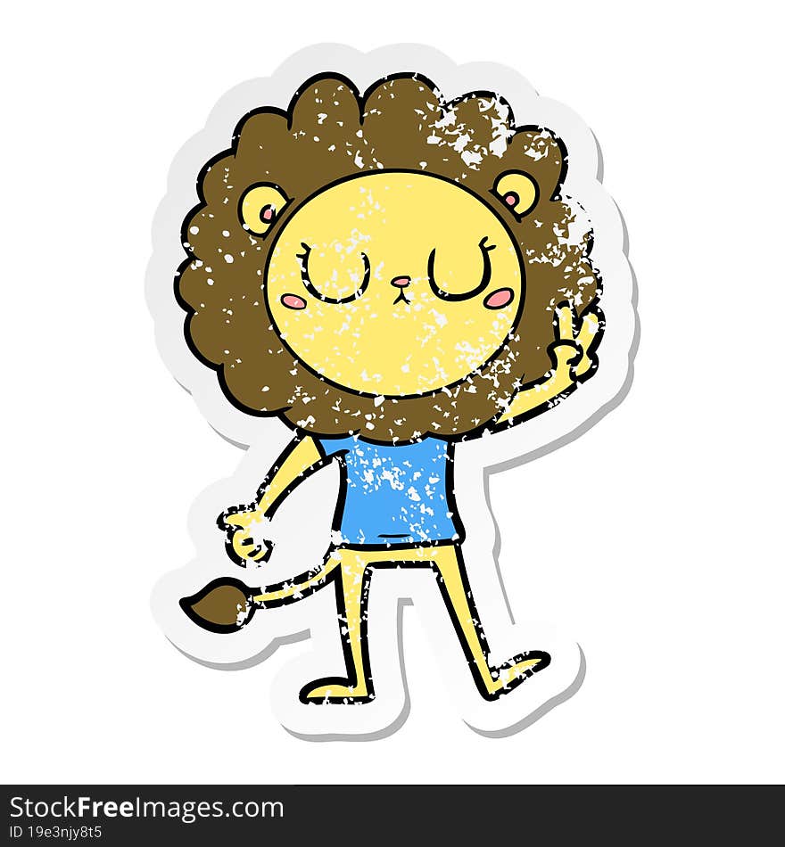 distressed sticker of a cartoon lion giving peac sign