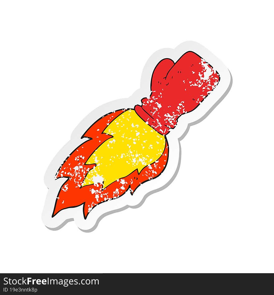 retro distressed sticker of a cartoon boxing glove flaming punch