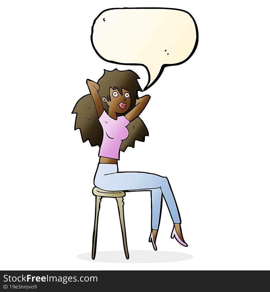 Cartoon Woman Posing On Stool With Speech Bubble