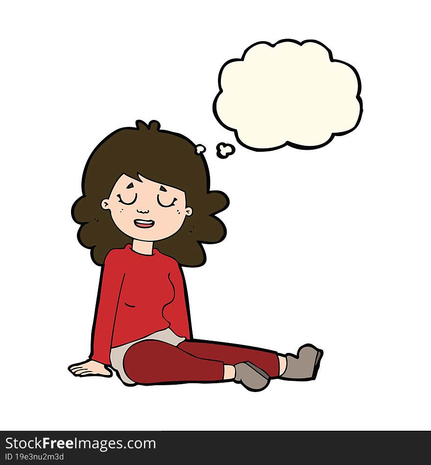 cartoon happy woman sitting on floor with thought bubble