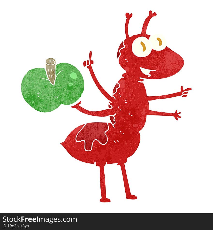 freehand retro cartoon ant with apple