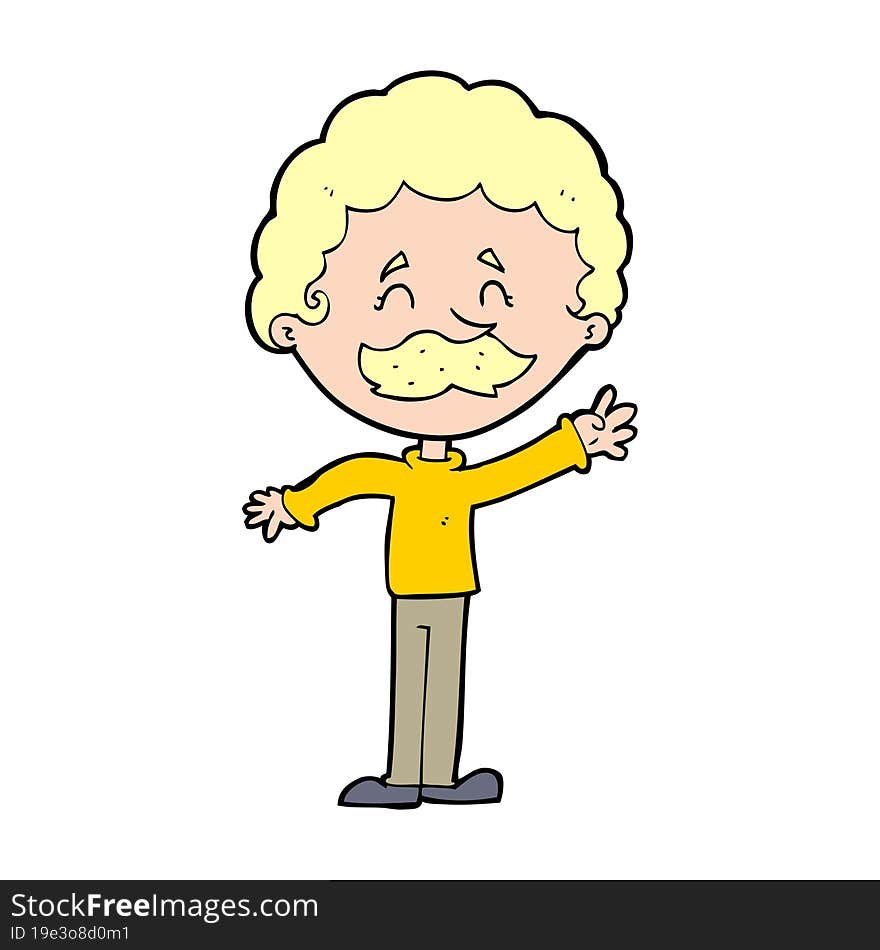 cartoon man with mustache waving