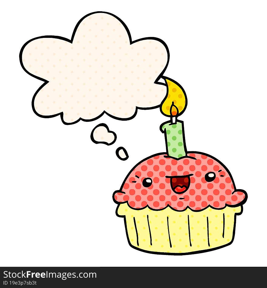 cartoon cupcake with candle and thought bubble in comic book style