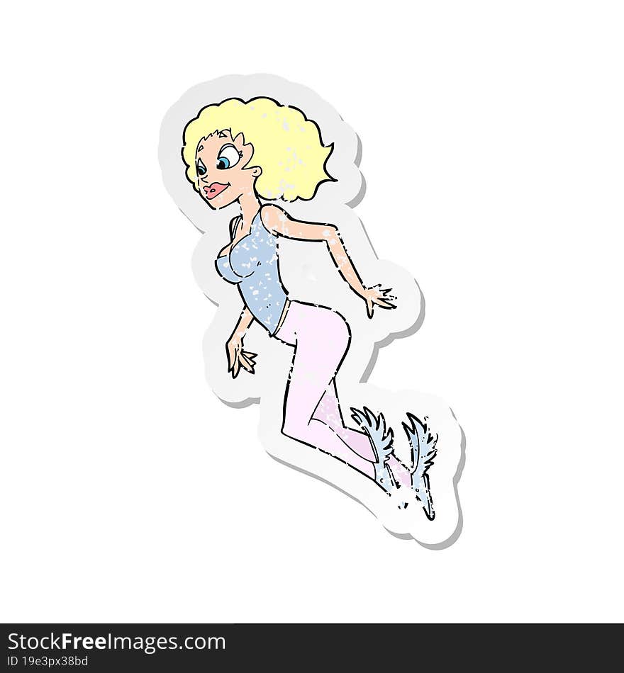 retro distressed sticker of a cartoon flying woman