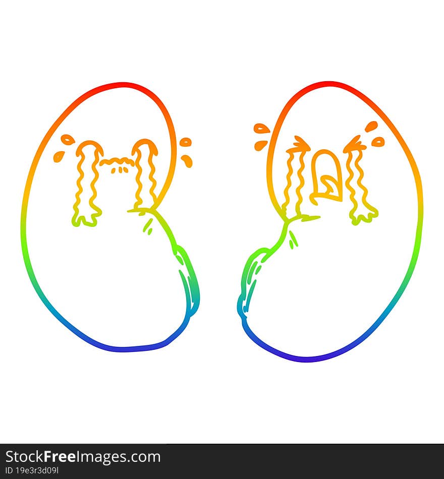 rainbow gradient line drawing of a cartoon kidneys crying