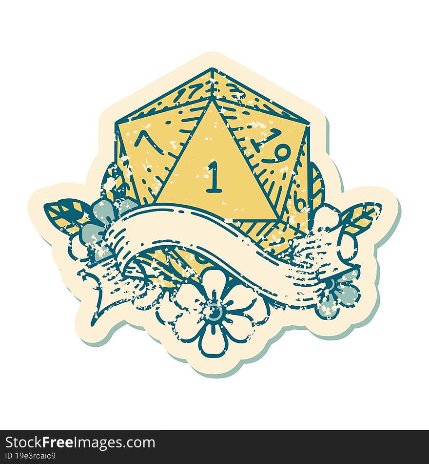 Retro Tattoo Style natural one d20 dice roll. Retro Tattoo Style natural one d20 dice roll