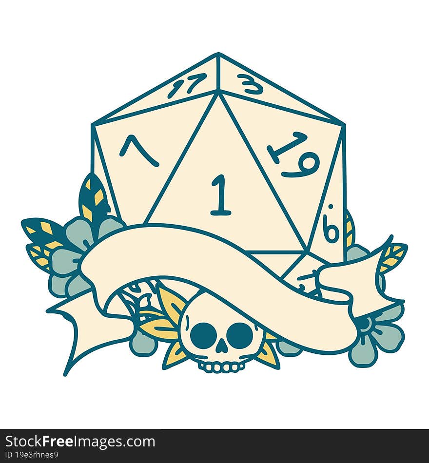 Retro Tattoo Style natural one d20 dice roll. Retro Tattoo Style natural one d20 dice roll