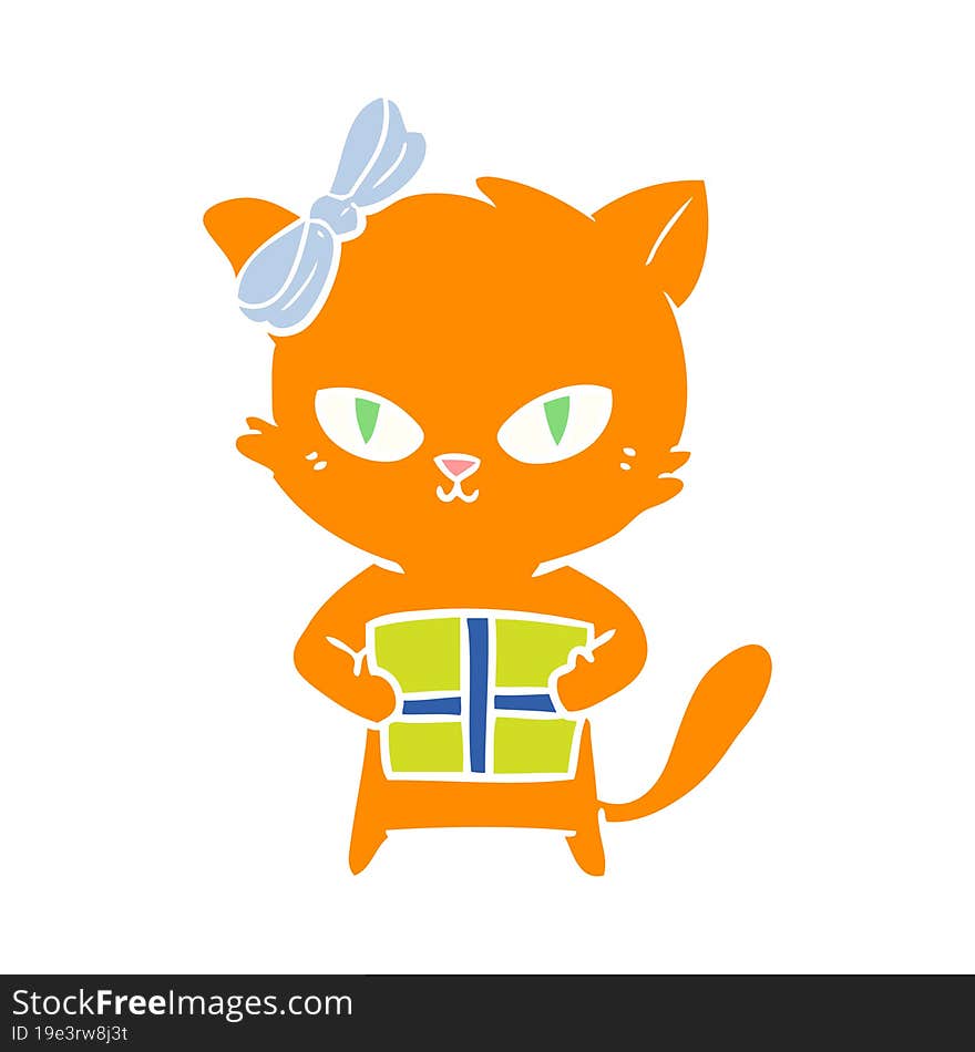 cute flat color style cartoon cat with present