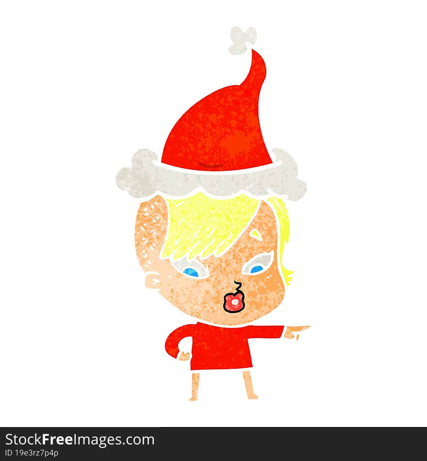 retro cartoon of a surprised girl pointing wearing santa hat