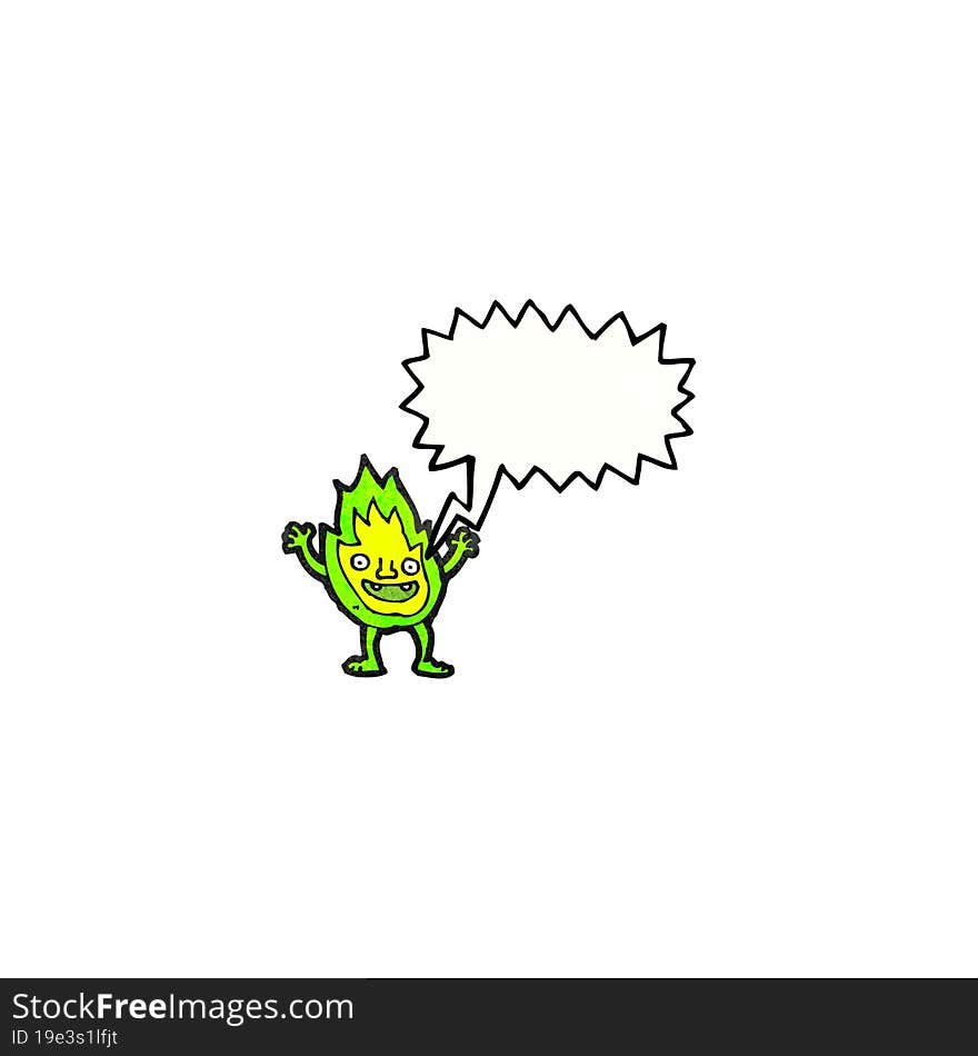 cartoon green fire creature with speech bubble