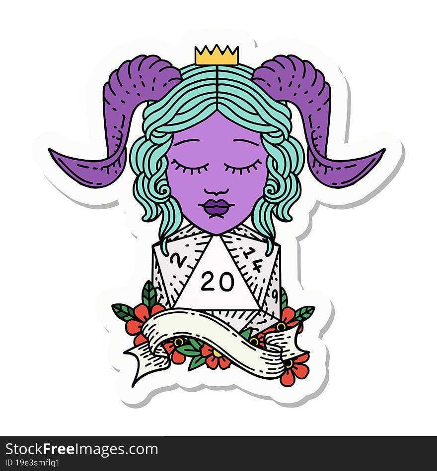 sticker of a tiefling with natural twenty dice roll. sticker of a tiefling with natural twenty dice roll