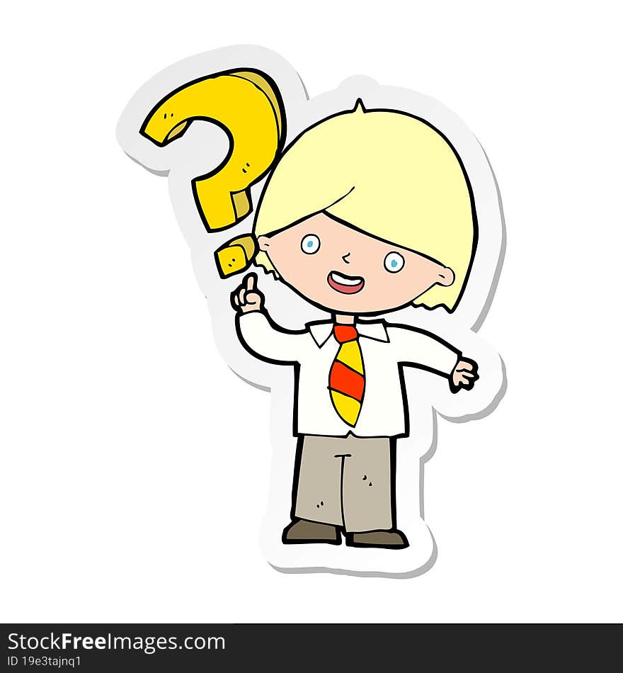 sticker of a cartoon boy with question