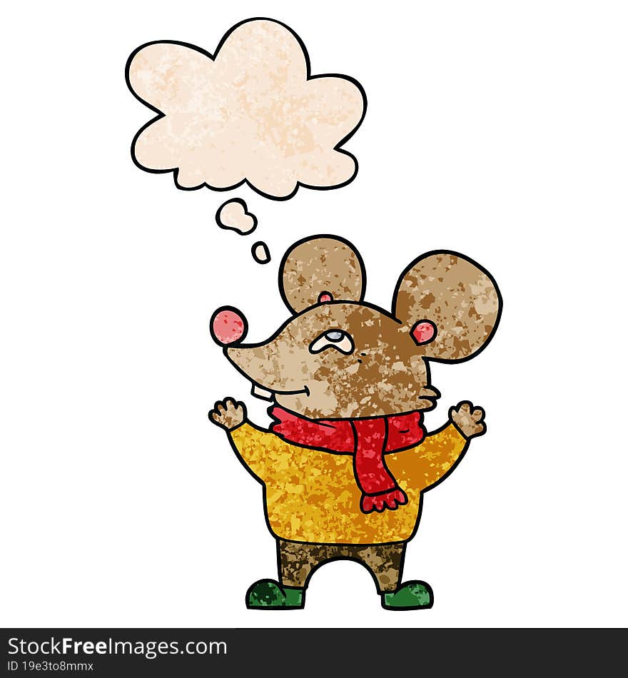 cartoon mouse wearing scarf and thought bubble in grunge texture pattern style