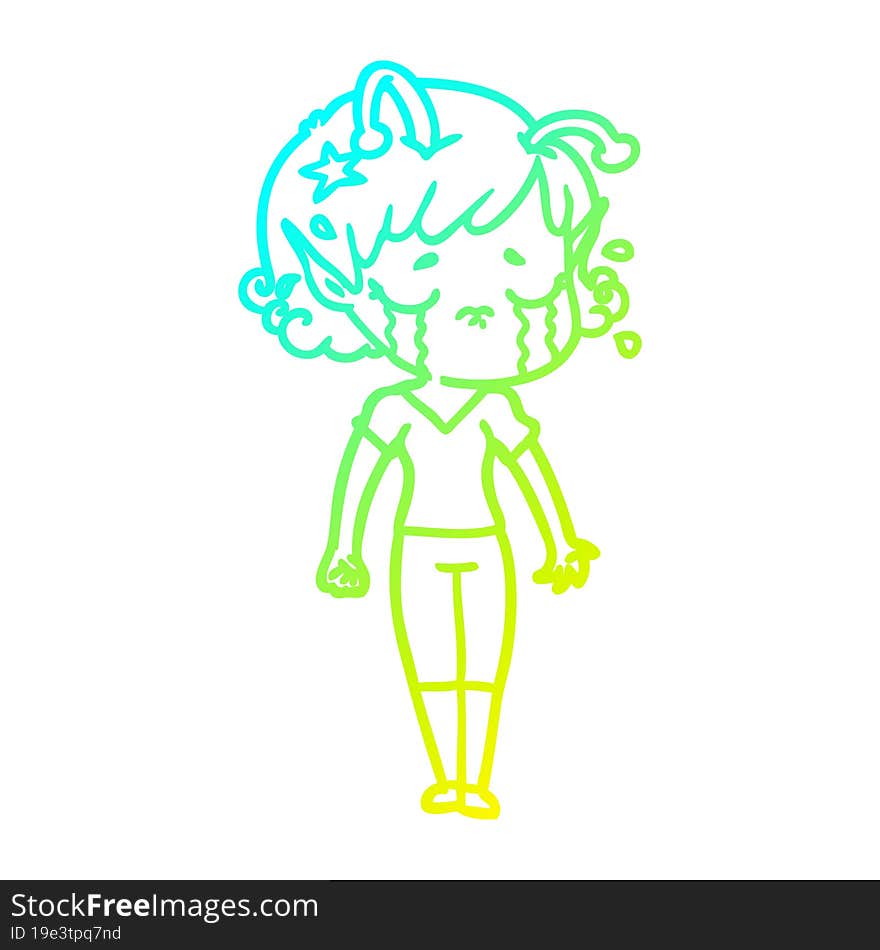 cold gradient line drawing cartoon crying alien girl