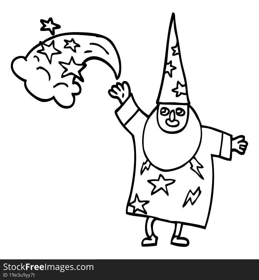 line drawing cartoon wizard casting spell