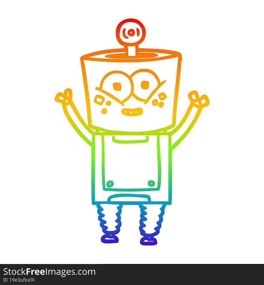 rainbow gradient line drawing of a happy cartoon robot waving hello