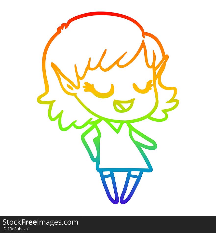 rainbow gradient line drawing of a happy cartoon elf girl