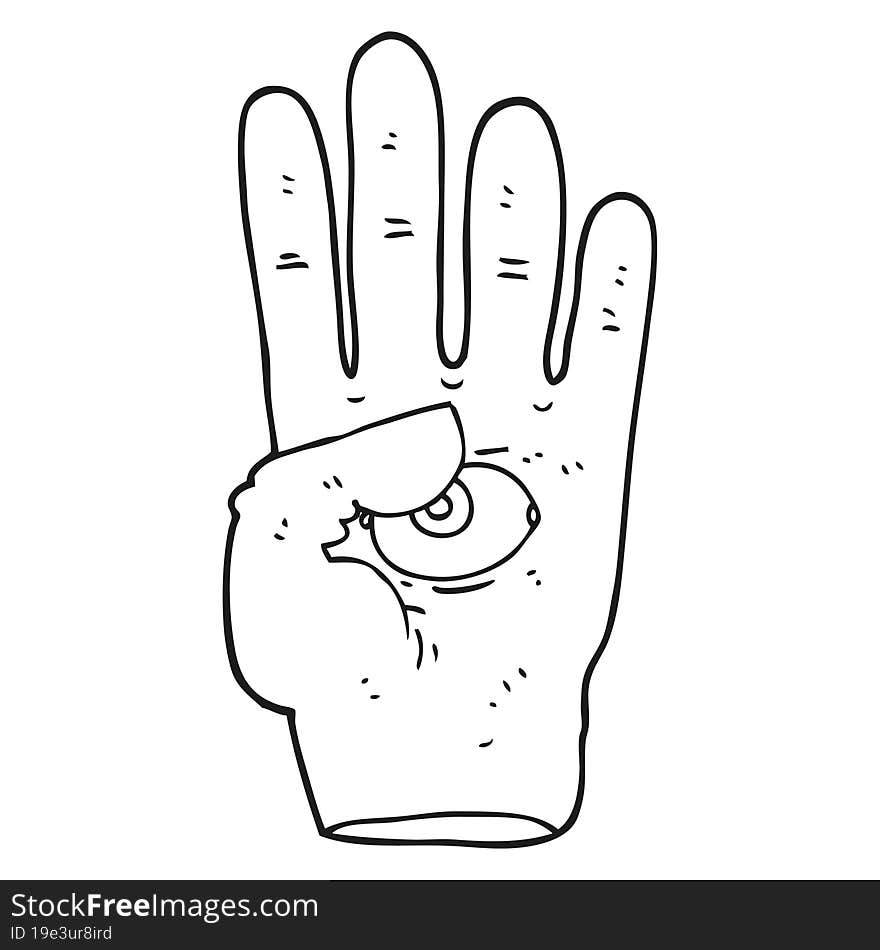 black and white cartoon spooky hand with eyeball