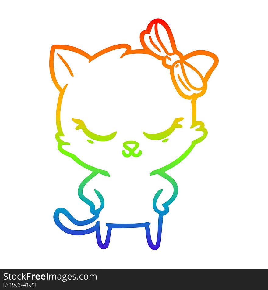 Rainbow Gradient Line Drawing Cute Cartoon Cat With Bow