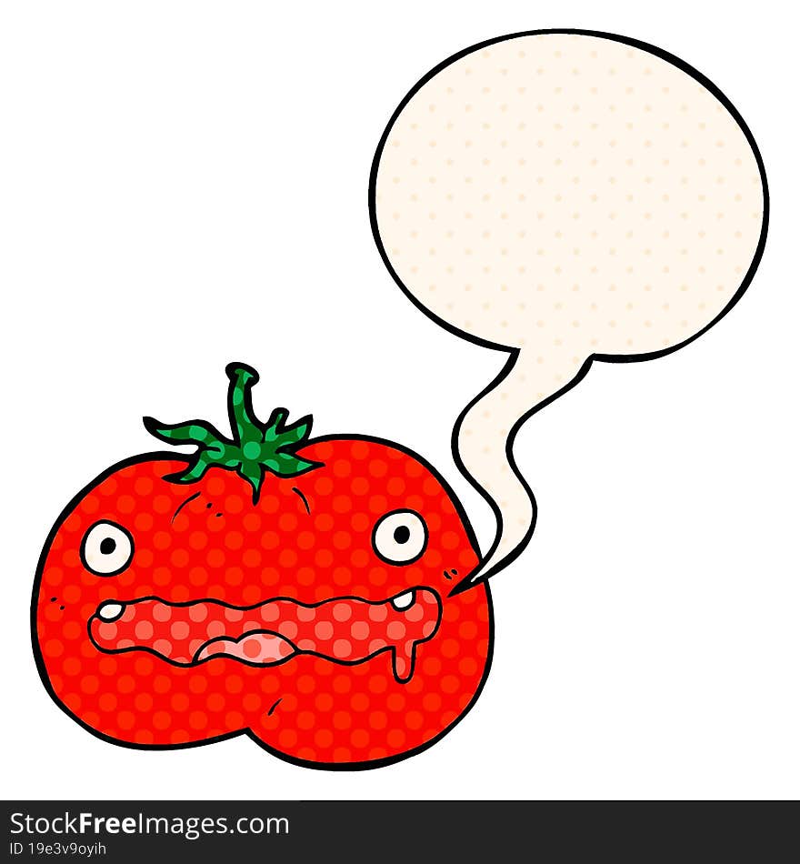 cartoon tomato and speech bubble in comic book style