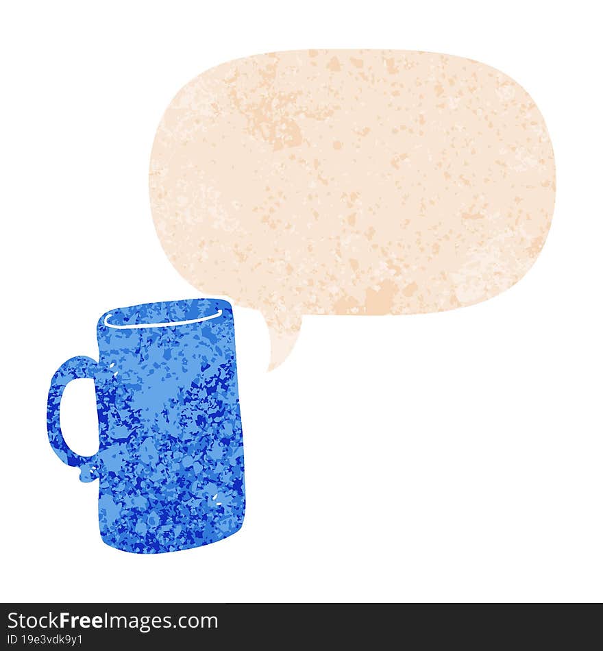 cartoon mug and speech bubble in retro textured style