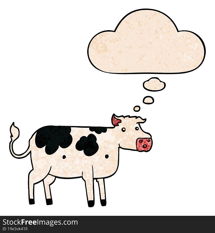 cartoon cow and thought bubble in grunge texture pattern style