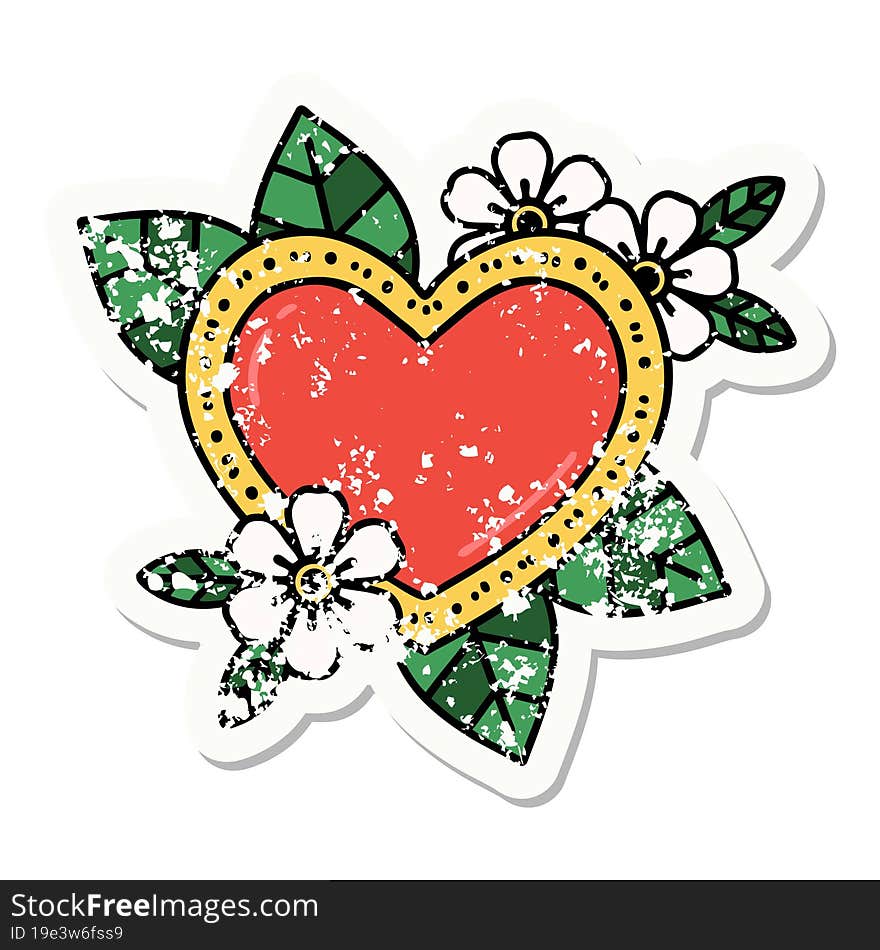 distressed sticker tattoo in traditional style of a botanical heart. distressed sticker tattoo in traditional style of a botanical heart