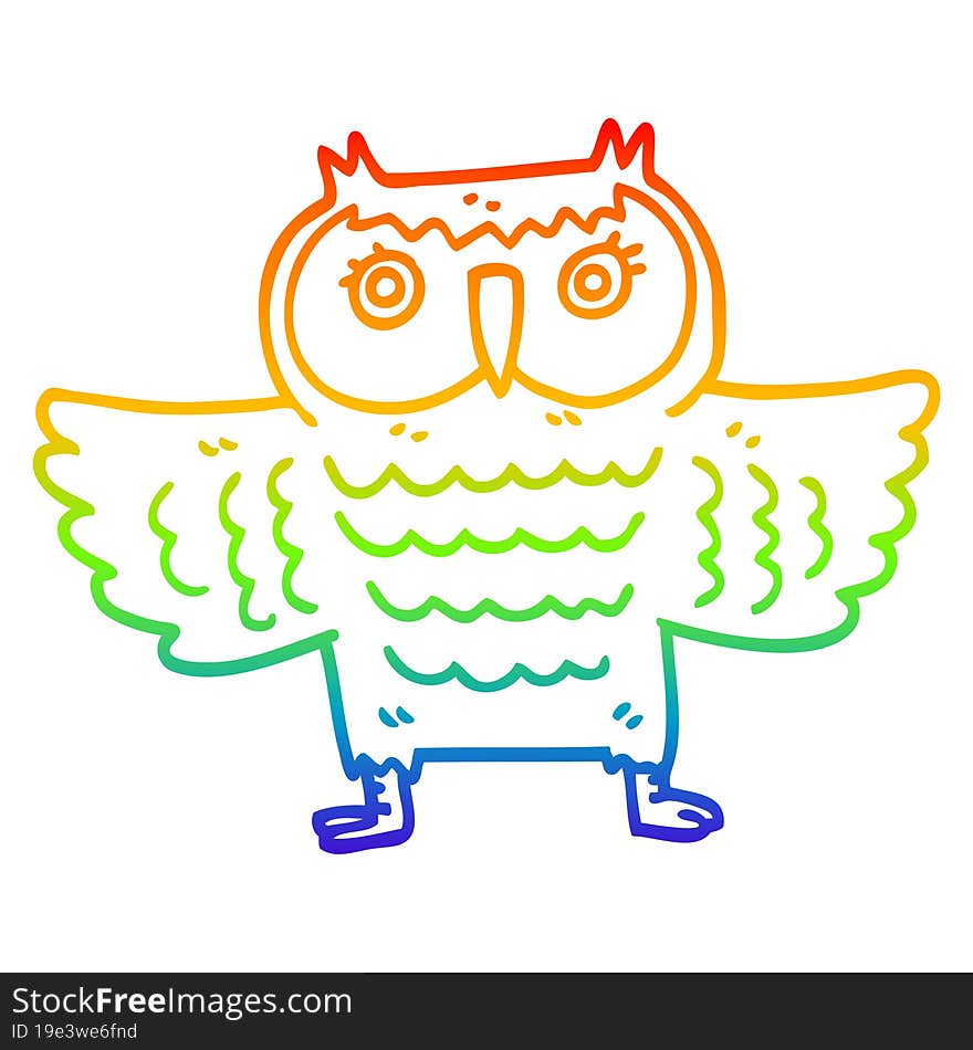 rainbow gradient line drawing cartoon owl with flapping wings