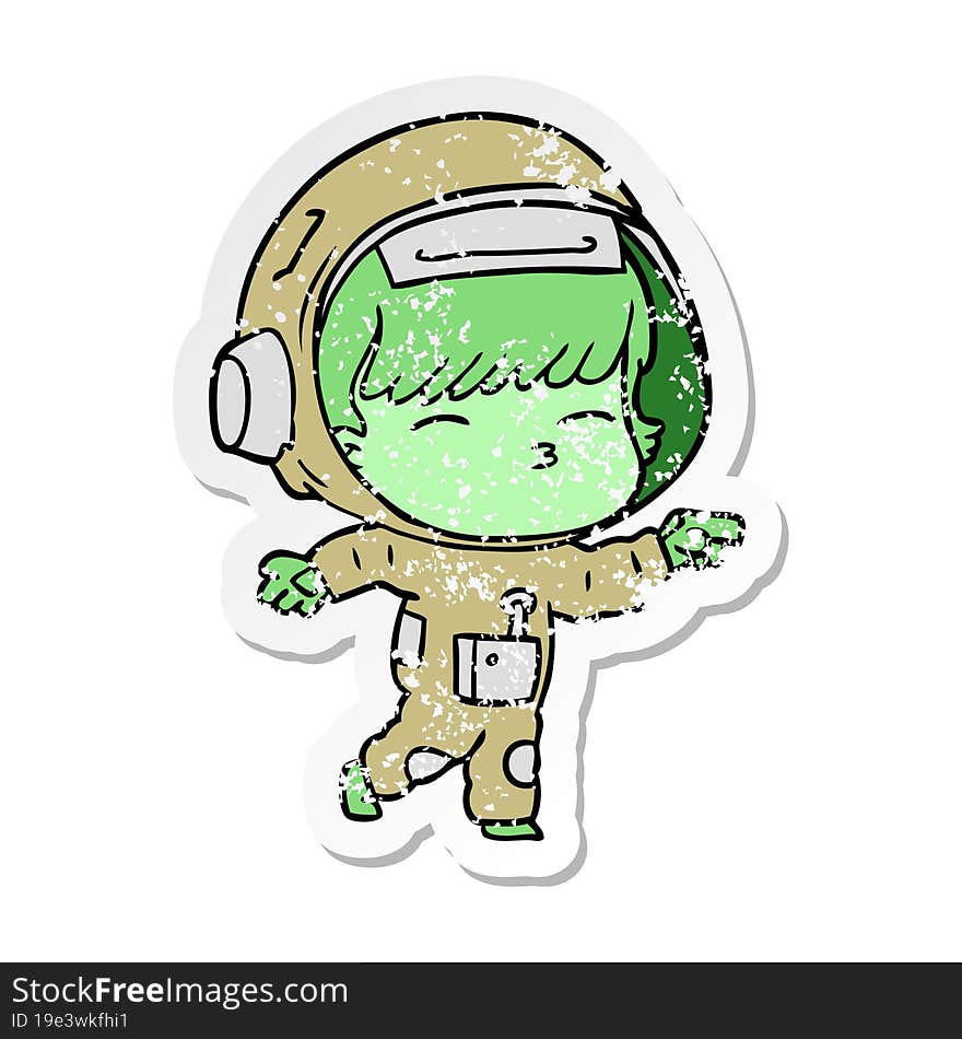 distressed sticker of a cartoon curious astronaut