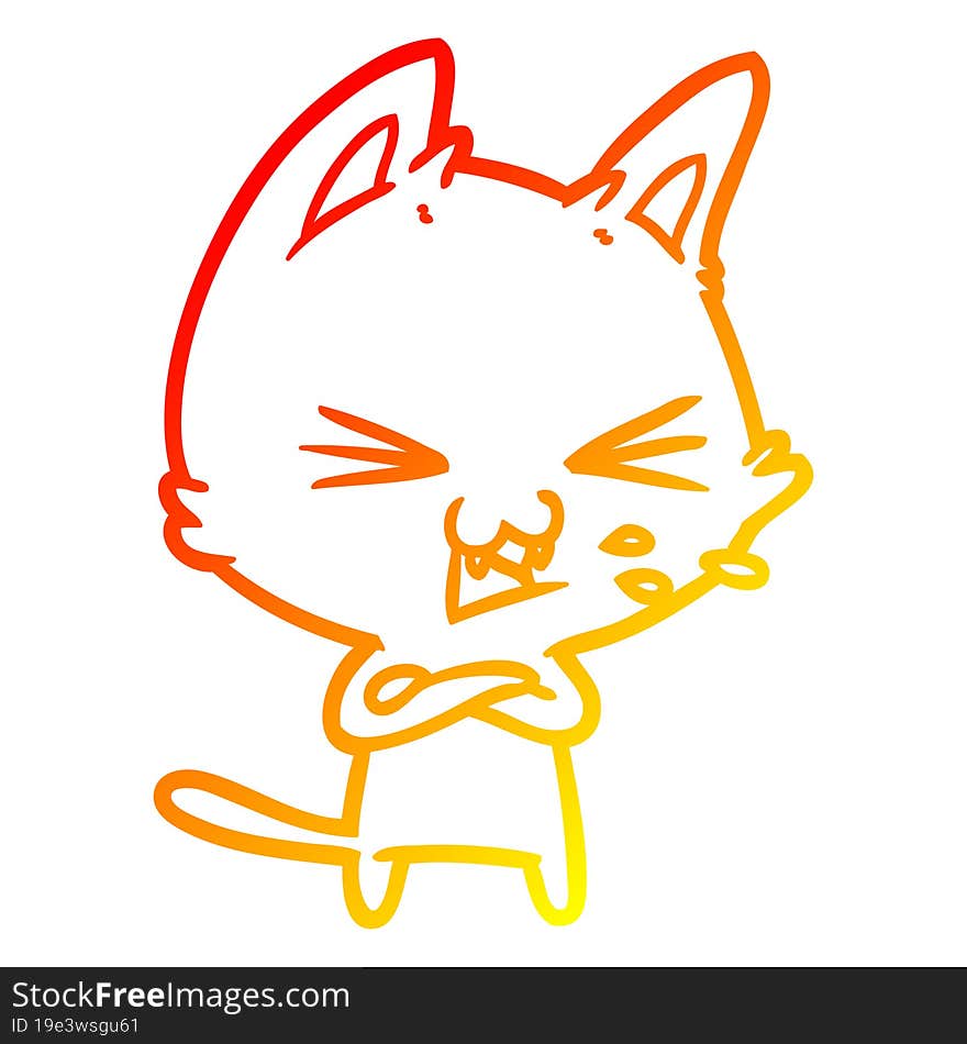 warm gradient line drawing of a cartoon cat hissing