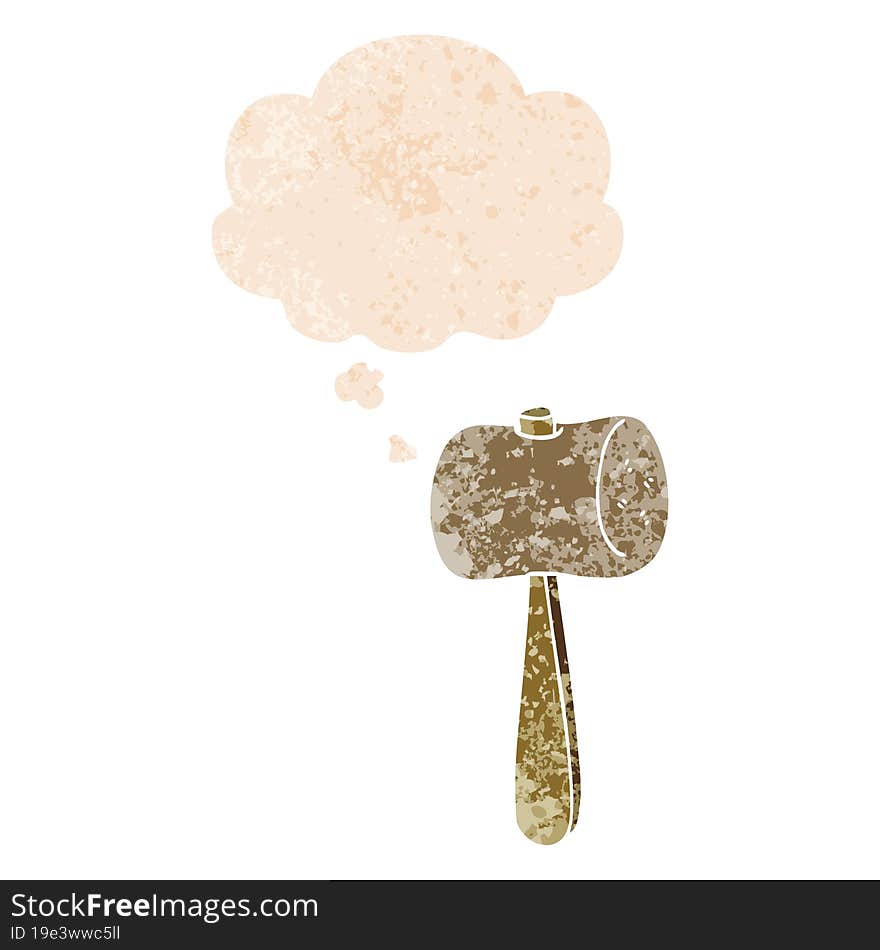 cartoon mallet and thought bubble in retro textured style