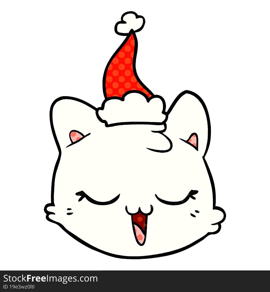 Comic Book Style Illustration Of A Cat Face Wearing Santa Hat