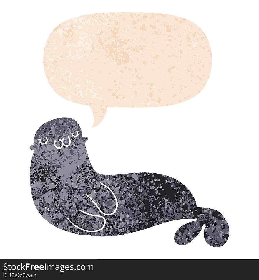 cute cartoon seal and speech bubble in retro textured style