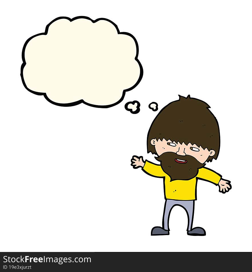 cartoon happy bearded man waving with thought bubble