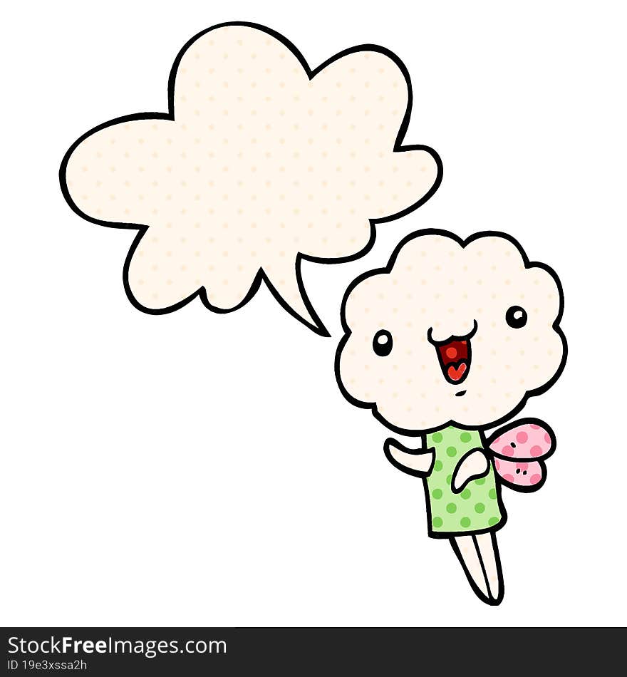 cute cartoon cloud head creature and speech bubble in comic book style