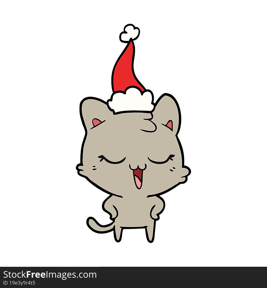 Happy Line Drawing Of A Cat Wearing Santa Hat