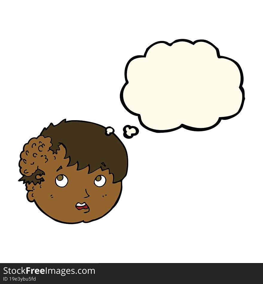 cartoon boy with ugly growth on head with thought bubble