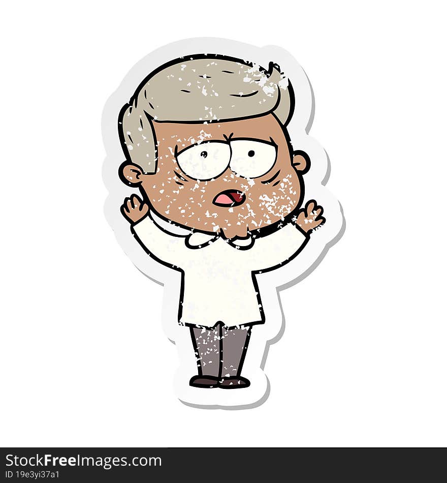 distressed sticker of a cartoon tired man