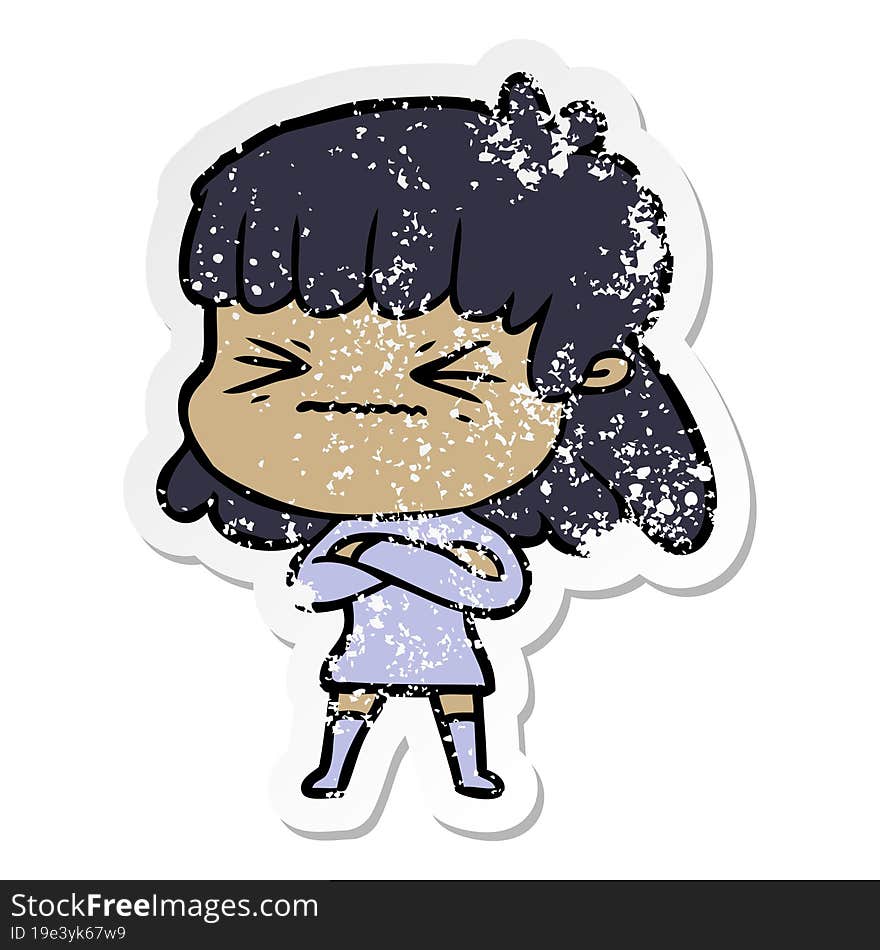 distressed sticker of a cartoon stressed out woman